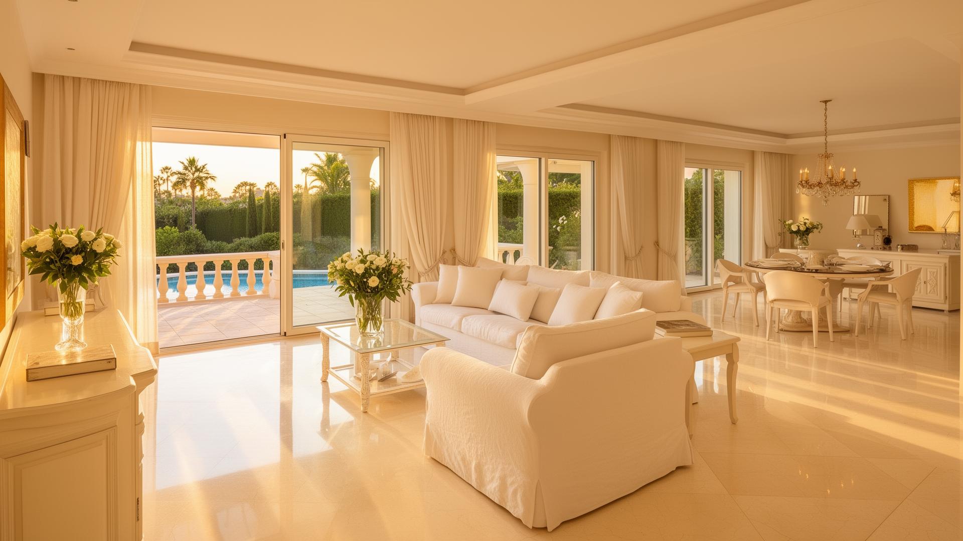 Immaculately cleaned luxury villa interior in Marbella with polished marble floors and sunlit terrace views